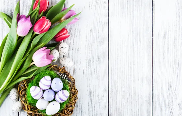 Flowers, eggs, colorful, Easter, tulips, happy, wood, pink