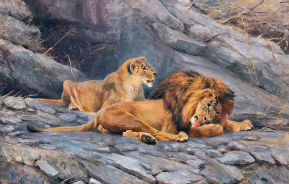 Lioness, Picture, Leo, Two, Big Cats, German artist, Wilhelm Lorenz, Wilhelm Lorenz