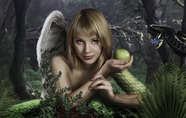 Look, Apple, snake, blonde, the temptation, allegory