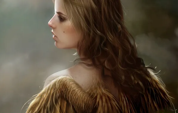 Girl, back, wings, feathers, art