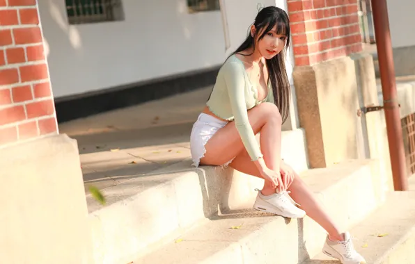 Girl, stairs, Asian, Asian girls, sitting, feet, shorts, sitting