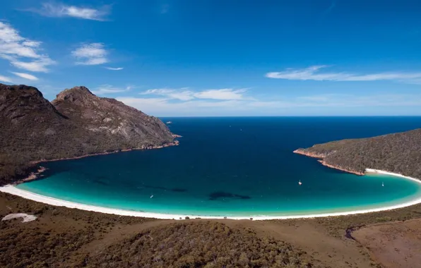 Picture beach, the sky, water, clouds, rocks, Bay, Mountains