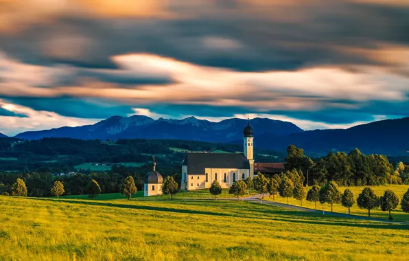Picture trees, mountains, Germany, Bayern, meadow, Church, Germany, Bavaria