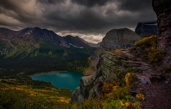 The sky, mountains, clouds, lake, rocks