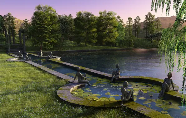 Trees, sunset, lake, pond, Park, statue, render