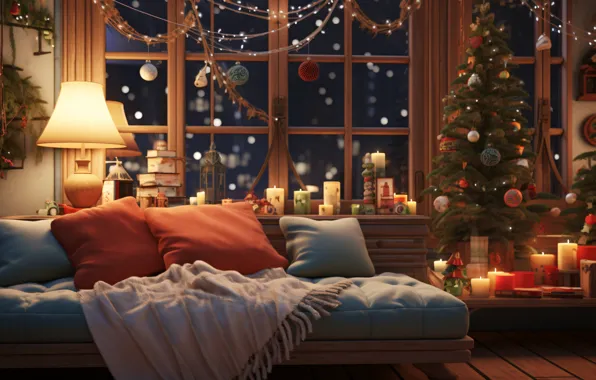 Light, night, comfort, room, sofa, furniture, lamp, interior