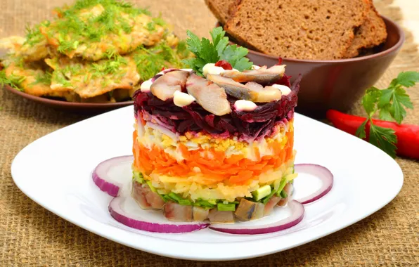 Picture coat, vegetables, layers, salad, herring