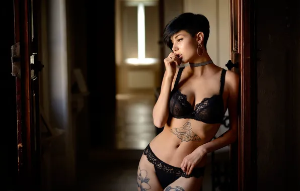 Pose, model, panties, linen, makeup, figure, brunette, tattoo