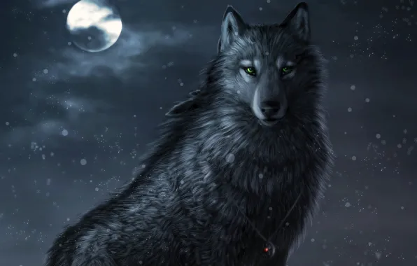 Snow, night, the moon, Wolf, amulet, art, green eyes, Dark_Sheyn