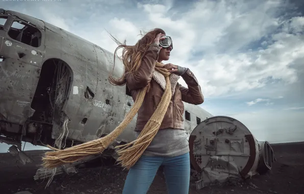 Field, the sky, girl, clouds, pose, model, jeans, makeup