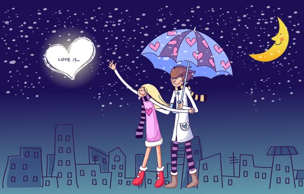 Umbrella, feelings, pair, walk, under the moon