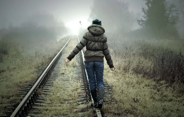 Picture forest, girl, fog, Rails