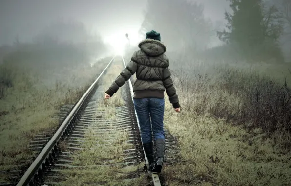 Forest, girl, fog, Rails