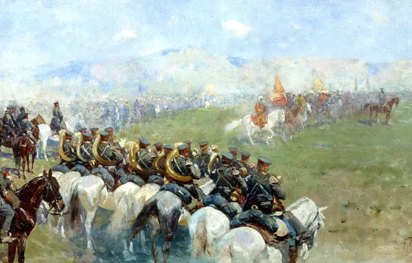 Painting, troops, ROUBAUD Franz, The review of the troops of Alexander III