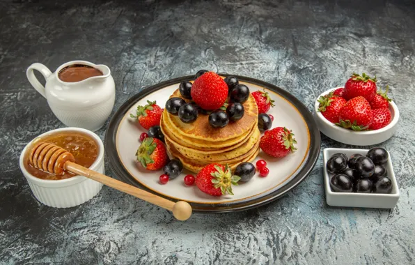 Berries, table, strawberry, plate, grapes, dishes, stack, bowl