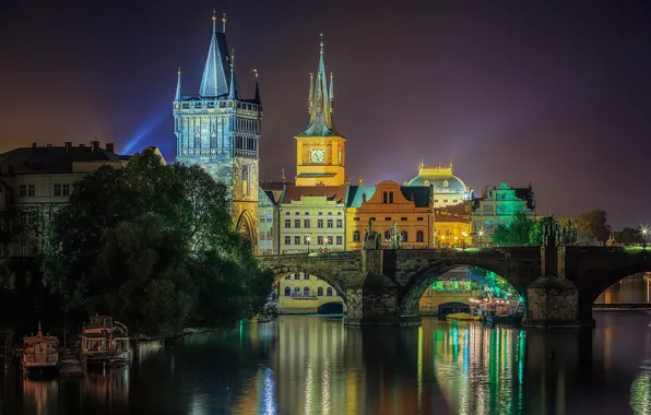 Night, bridge, the city, river, building, Prague, Czech Republic, lighting
