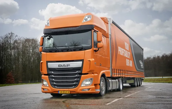 Picture autumn, trees, orange, Parking, DAF, tractor, DAF, Super Space Cab