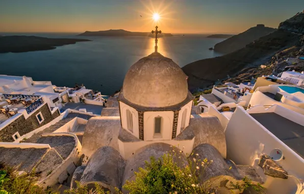 Picture sunset, Greece, Church, the island of Santorini