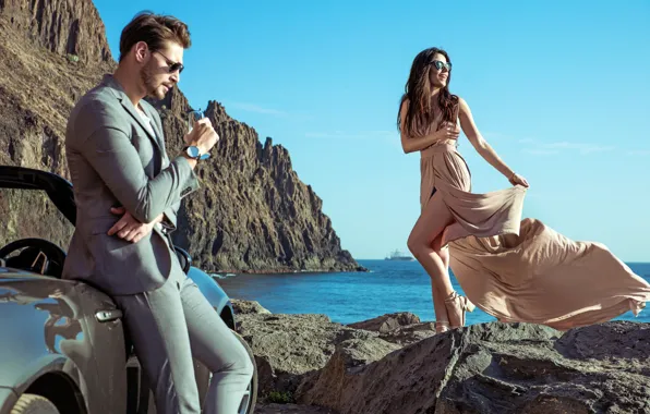 Sea, the sky, girl, the sun, joy, pose, smile, stones