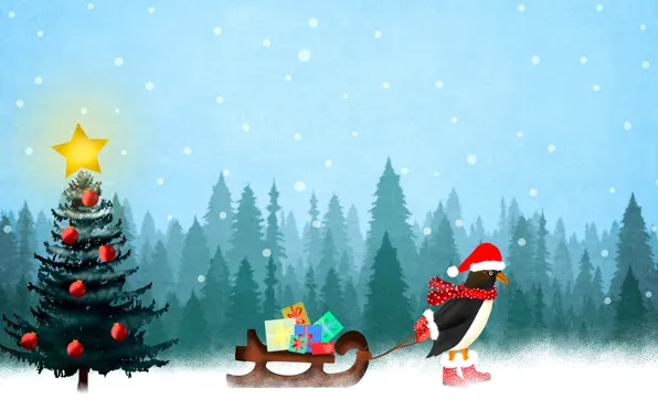 Winter, forest, the sky, balls, snow, rendering, holiday, bird