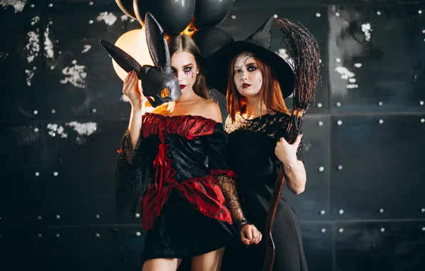 Autumn, girl, the dark background, holiday, makeup, pumpkin, Halloween, Halloween