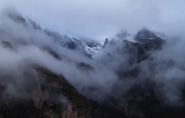 The sky, snow, mountains, nature, fog, rocks