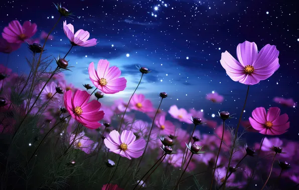 Flowers, night, spring, dark, pink, night, flowers, beautiful