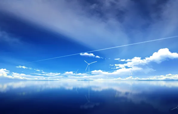 Picture windmills, the sky, lake