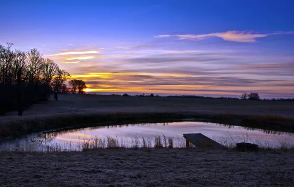 Landscape, sunset, bridge, pond
