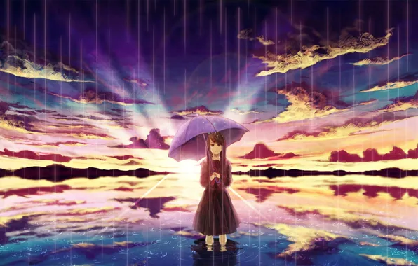 Picture the sky, water, girl, the sun, clouds, sunset, reflection, rain