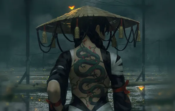 Girl, overcast, back, puddles, ninja, grey background, braids, tattoo dragon