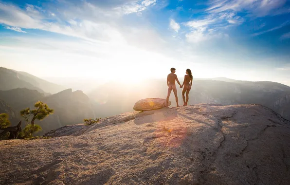 Love, fantasy, eva, mountain, sunrise, lovers, couple, nude