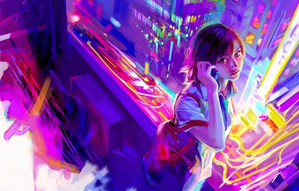 Girl, the city, lights, paint, art, phone, benjamin, Zhang Bin