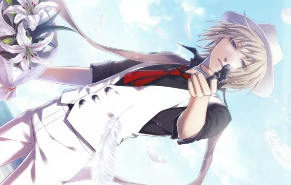 Gun, bouquet, feathers, Calla lilies, white suit, visual novel, red tie, Clock Zero