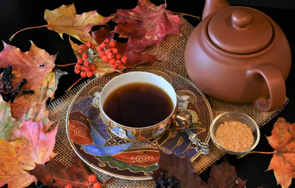 Picture leaves, berries, tea, kettle, Cup, fabric, burlap, Rowan