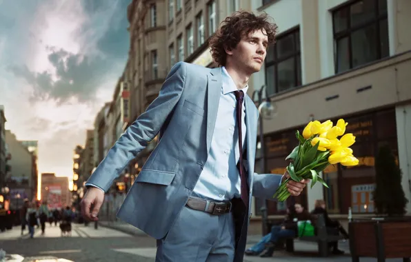 Picture flowers, street, people, yellow, costume, tie, tulips, male