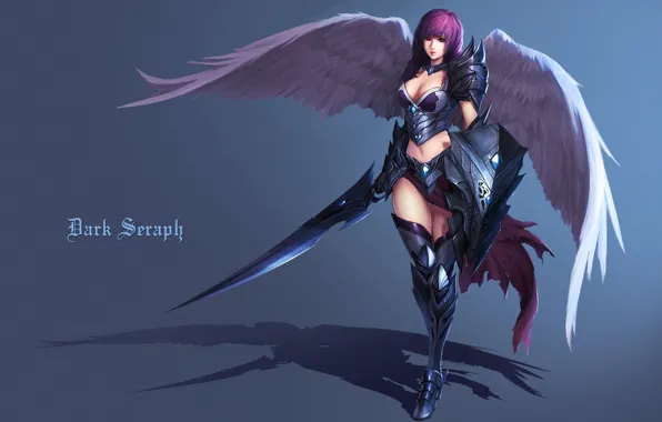 Picture girl, background, wings, sword, fantasy, shield