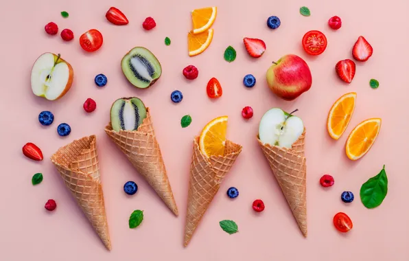 Picture berries, colorful, ice cream, fruit, horn, fruit, berries, ice cream