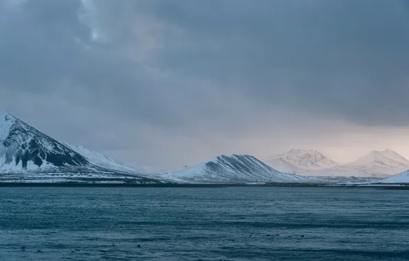 Winter, sea, clouds, snow, mountains, clouds, coast, Iceland