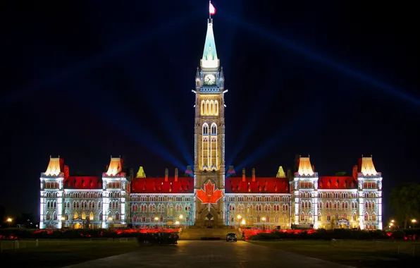 Night, lights, watch, tower, Canada, lights, rays of light, Palace