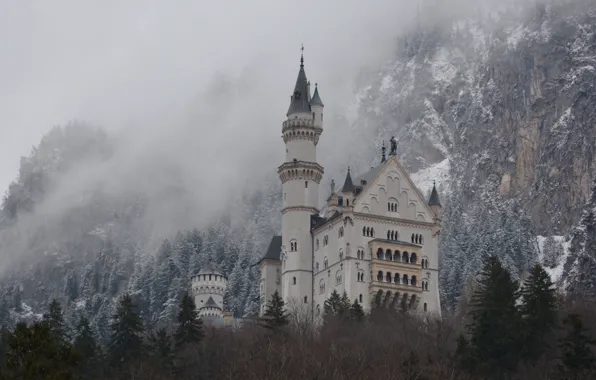 Winter, forest, snow, mountains, fog, castle, overcast, rocks