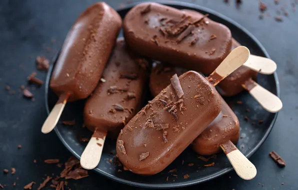 Plate, ice cream, a lot, Popsicle, chocolate, glaze, on a stick, grated chocolate