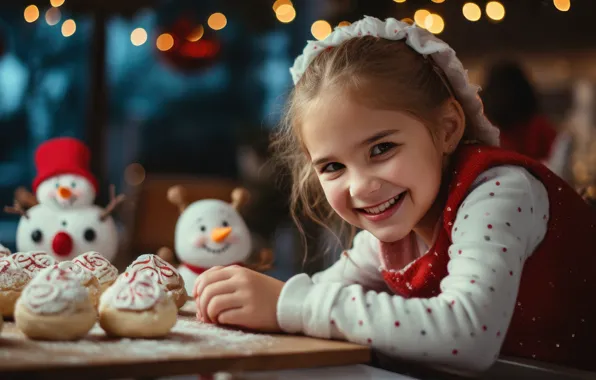 Joy, cookies, Christmas, girl, New year, snowmen, snowman, cakes