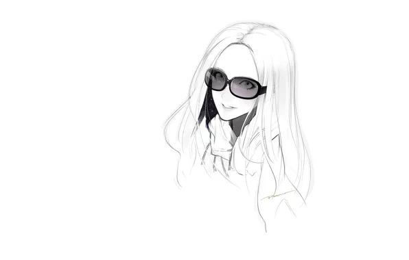 Picture face, smile, figure, sketch, white background, long hair, sunglasses, portrait of a girl