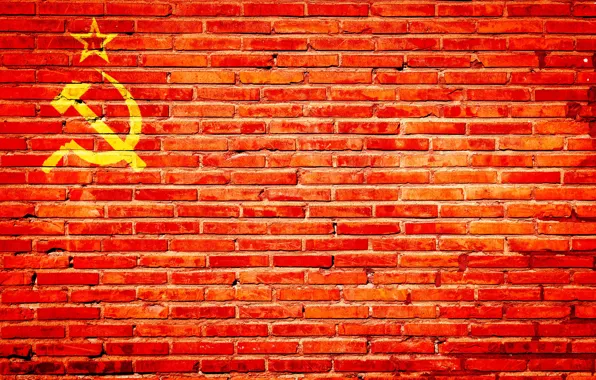Wall, texture, flag, USSR, bricks, the hammer and sickle, red bricks