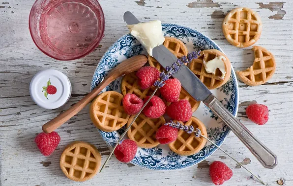 Picture berries, raspberry, plate, spoon, knife, waffles, lavender