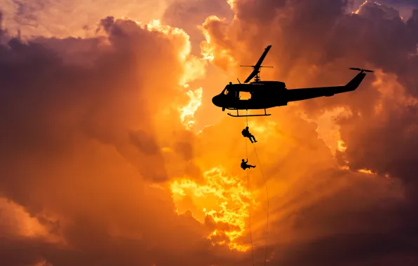 The sky, flight, dawn, spinner, silhouette, helicopter, bokeh, landing