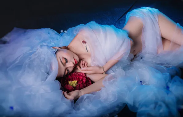 Girl, lies, Asian, the bride, in white, closed eyes