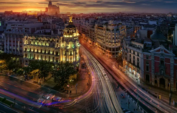 The city, lights, the evening, Spain, street, Madrid