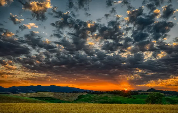 The sky, clouds, sunset, mountains, field, Italy